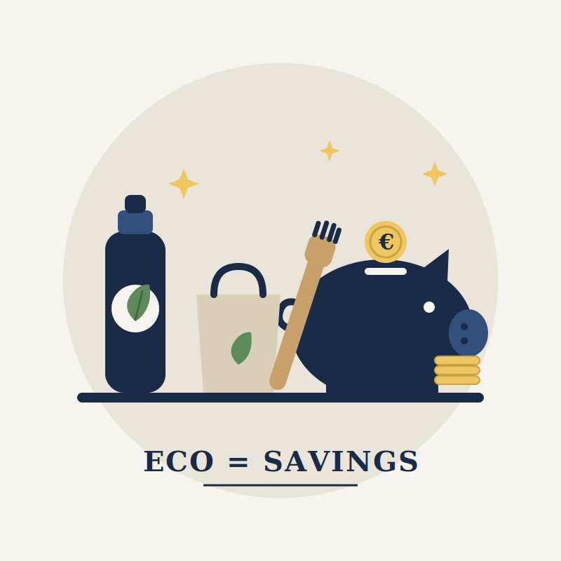 Flat illustration of reusable eco products next to a piggy bank and euro coins