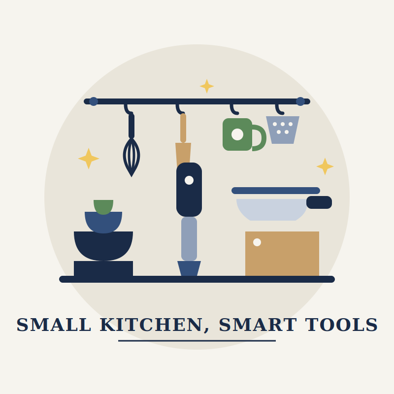 Flat illustration of compact kitchen tools on a small shelf with a wall-mounted rail