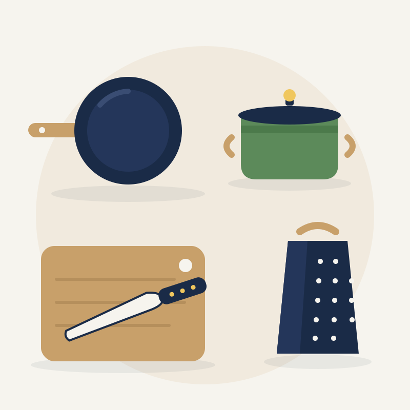Flat illustration of five essential kitchen tools: chef's knife, cutting board, skillet, pot and box grater