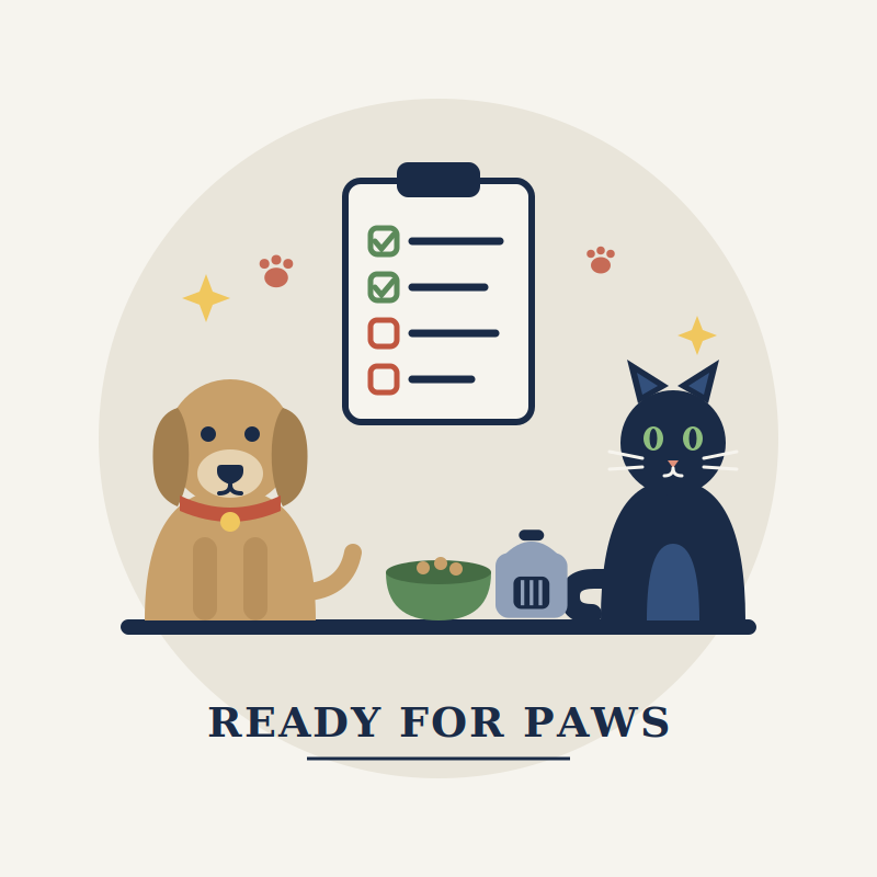 Flat illustration of a dog and cat next to a checklist, food bowl and pet carrier