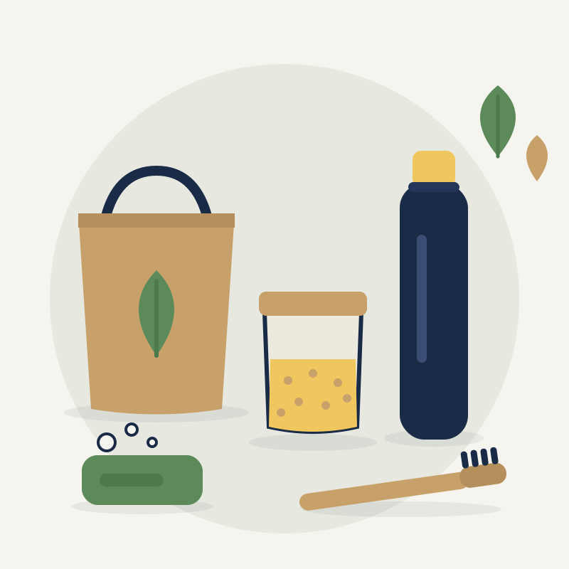 Flat illustration of plastic-free alternatives: bamboo toothbrush, soap bar, tote bag, glass jar and reusable bottle
