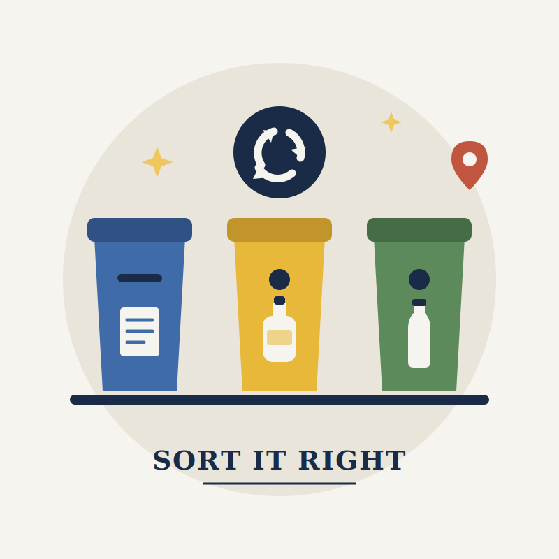 Flat illustration of blue, yellow and green Portuguese recycling bins with a map pin