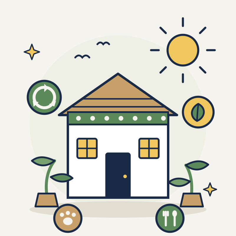Flat illustration of a Portuguese house with the sun, plants, a recycling symbol and a paw print